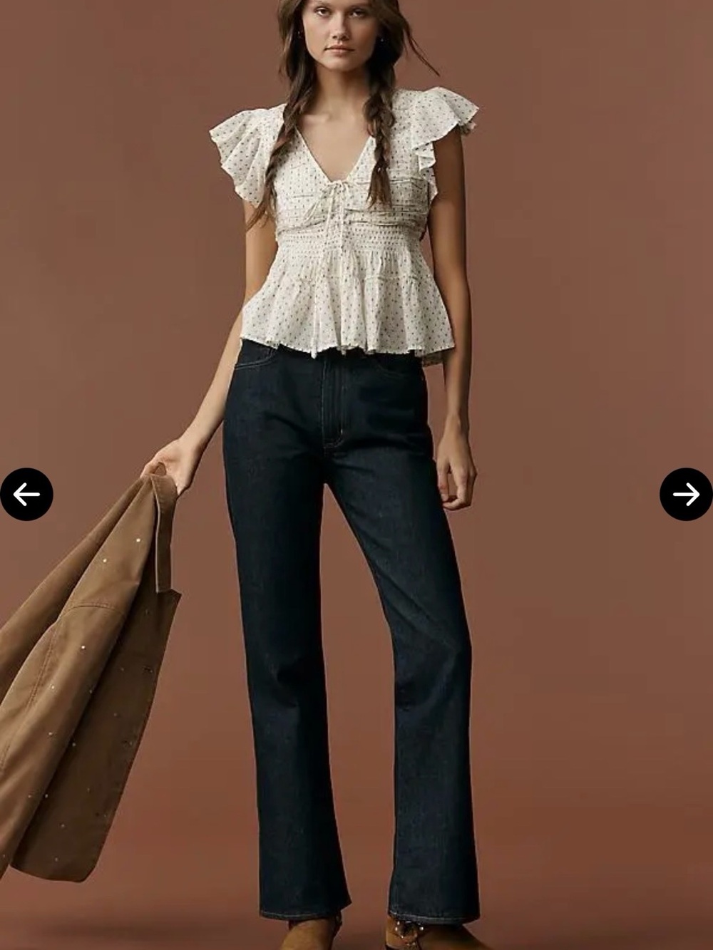 Anthropologie Cream Dot Smocked Peplum Top - Picture 3 of 4